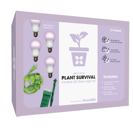 Miracle Led 4-Socket Plant Survival Grow Light Kit- Red & Blue Spec. 12W Replace 150W Grow Bulbs w/ Timer, 4PK 802355